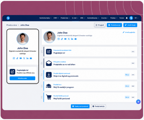 systeme.io creator store showing a single-page product storefront linked from a social media bio