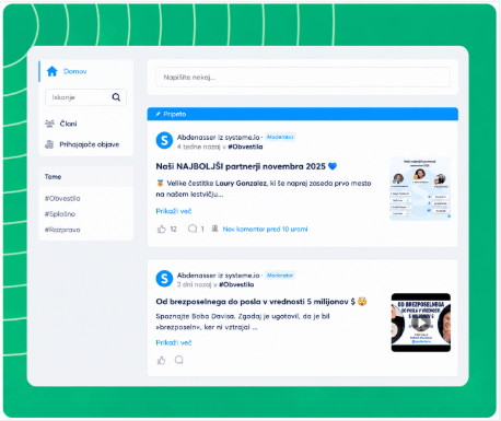 systeme.io online community dashboard showing member posts and community settings
