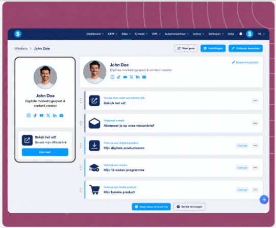 systeme.io creator store showing a single-page product storefront linked from a social media bio