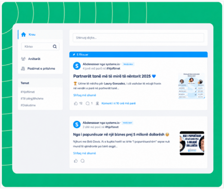 systeme.io online community dashboard showing member posts and community settings