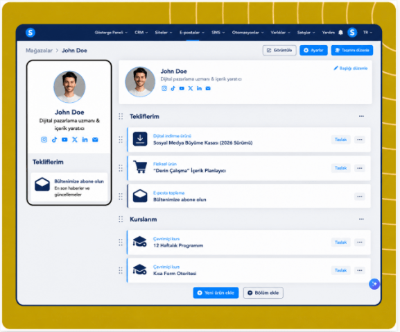 systeme.io creator store page showcasing digital products, newsletter, and online courses