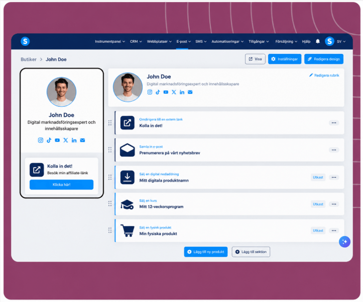 systeme.io creator store page example showing products and bio link layout