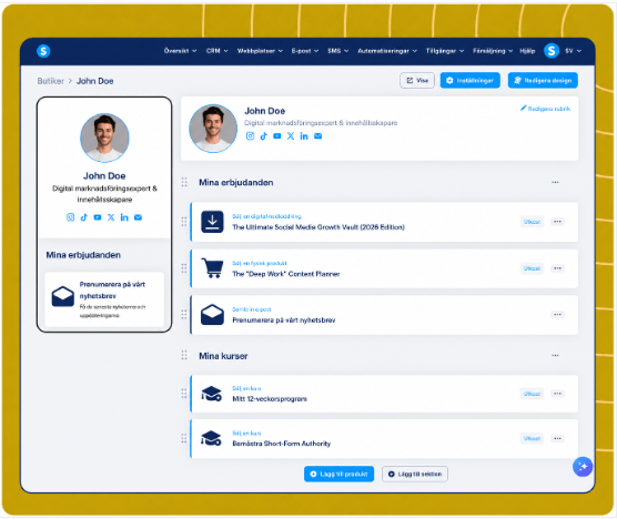 systeme.io creator store page showcasing digital products, newsletter, and online courses
