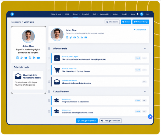 systeme.io creator store page showcasing digital products, newsletter, and online courses