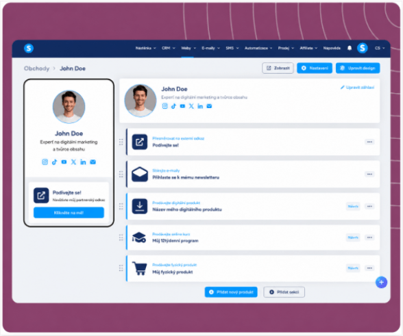 systeme.io creator store page example showing products and bio link layout