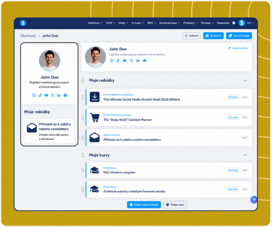 systeme.io creator store page showcasing digital products, newsletter, and online courses