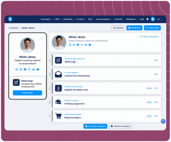 systeme.io creator store page example showing products and bio link layout