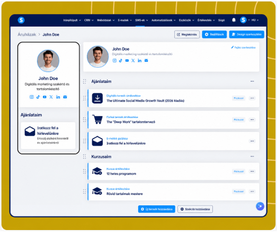 systeme.io creator store page showcasing digital products, newsletter, and online courses