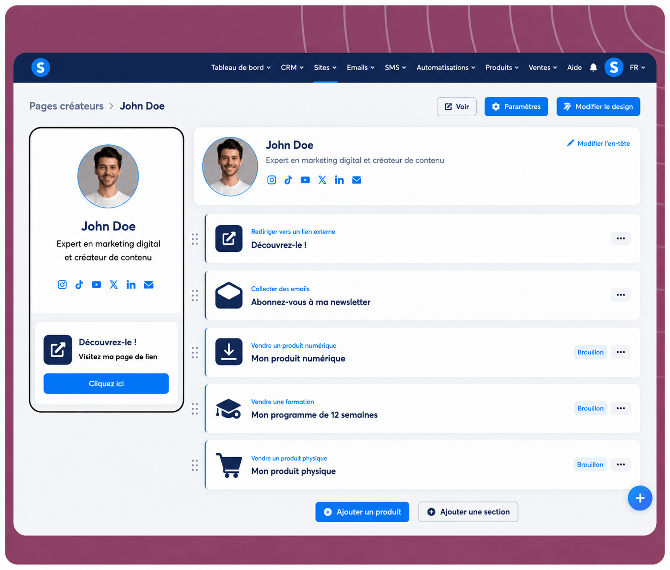 systeme.io creator store page example showing products and bio link layout