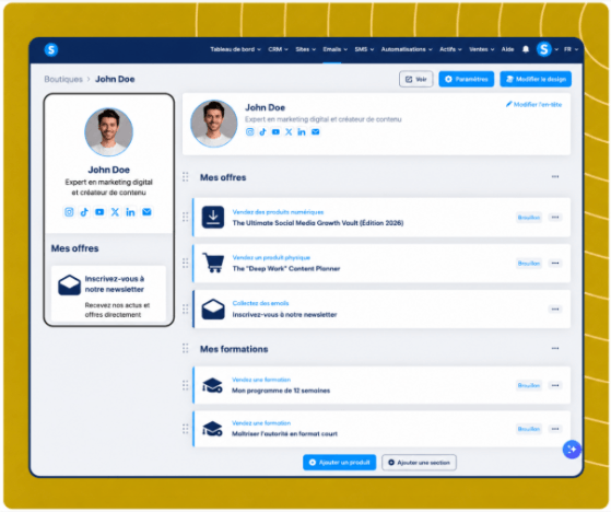 systeme.io creator store page showcasing digital products, newsletter, and online courses