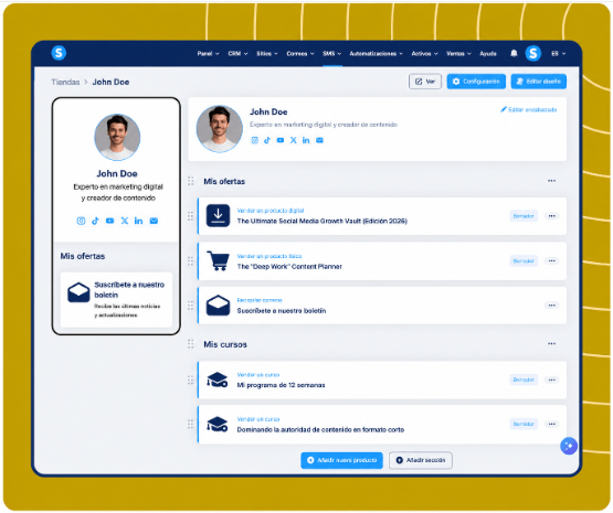 systeme.io creator store page showcasing digital products, newsletter, and online courses