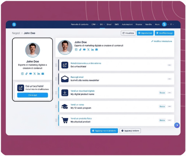 systeme.io creator store page example showing products and bio link layout