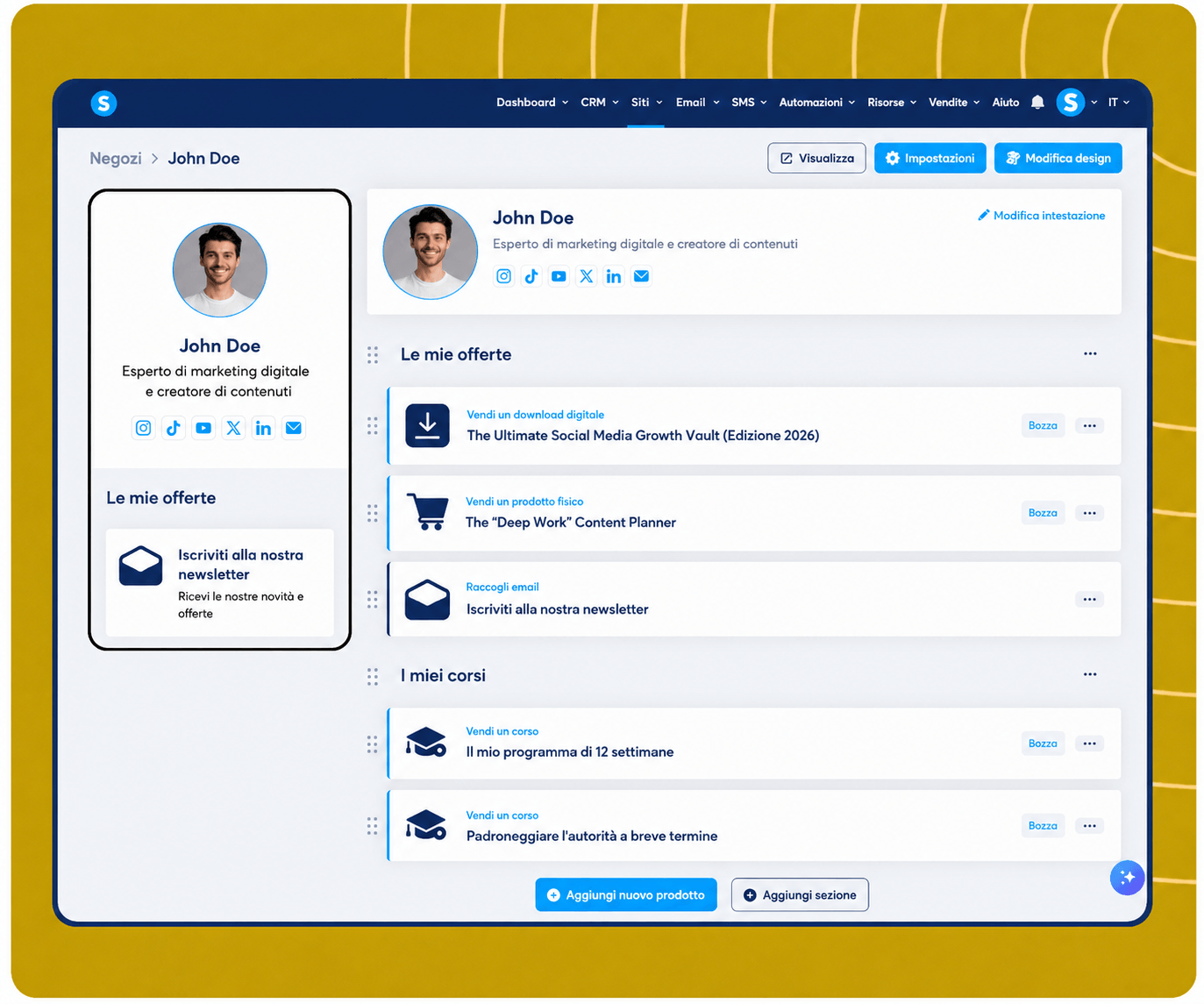 systeme.io creator store page showcasing digital products, newsletter, and online courses