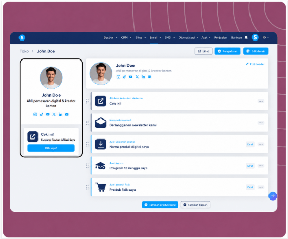 systeme.io creator store page example showing products and bio link layout