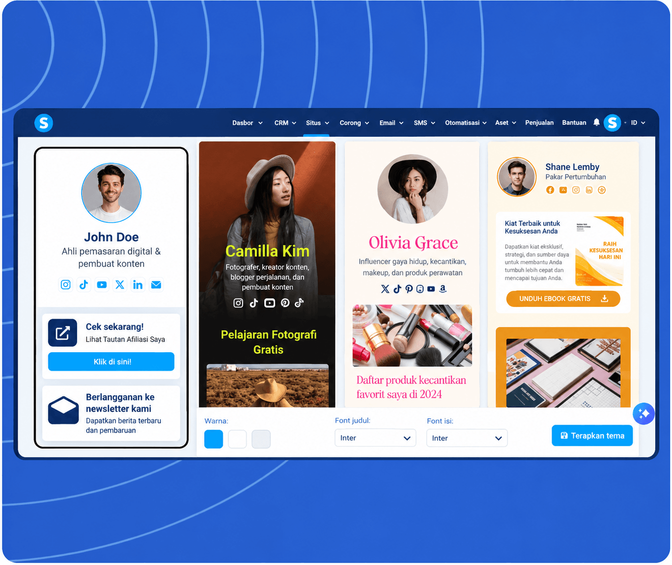 systeme.io creator store theme selection with multiple design options