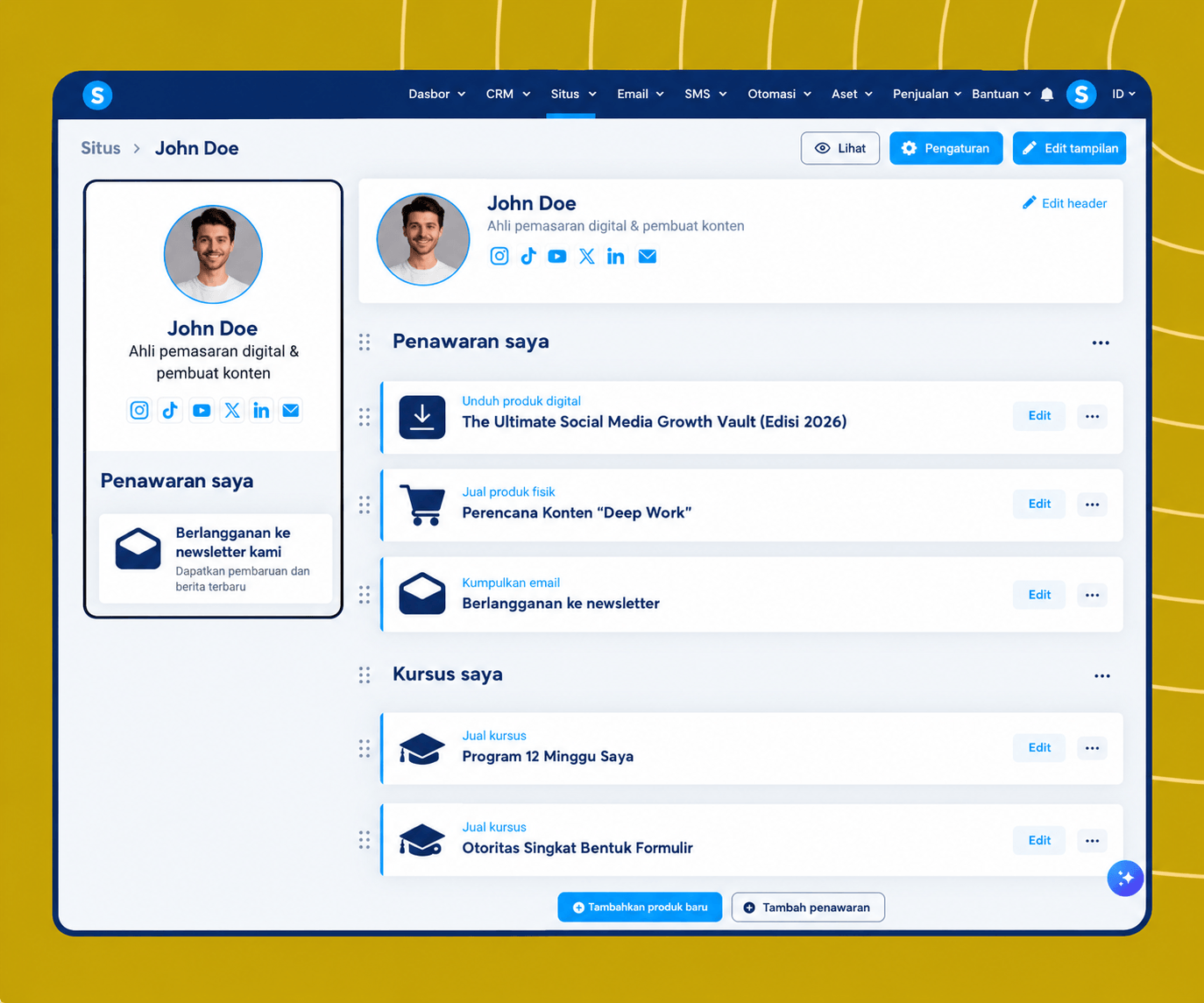 systeme.io creator store page showcasing digital products, newsletter, and online courses