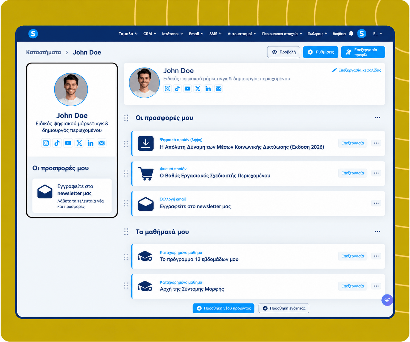 systeme.io creator store page showcasing digital products, newsletter, and online courses