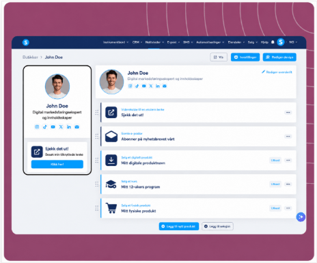 systeme.io creator store page example showing products and bio link layout