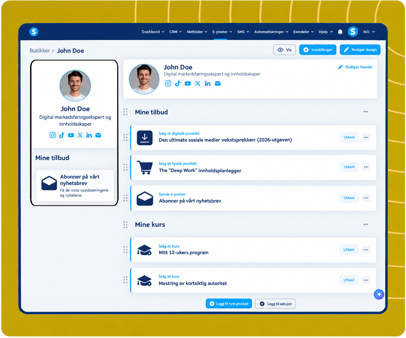 systeme.io creator store page showcasing digital products, newsletter, and online courses