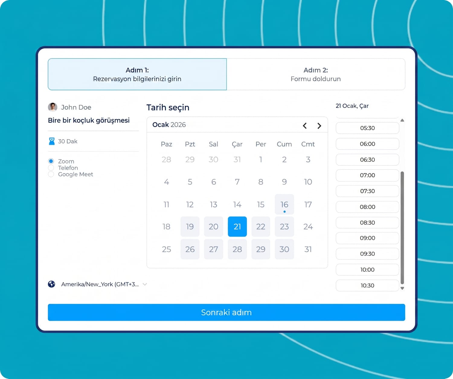 Online booking and appointment scheduling interface in systeme.io showing a calendar, time slot selection, and coaching session details.