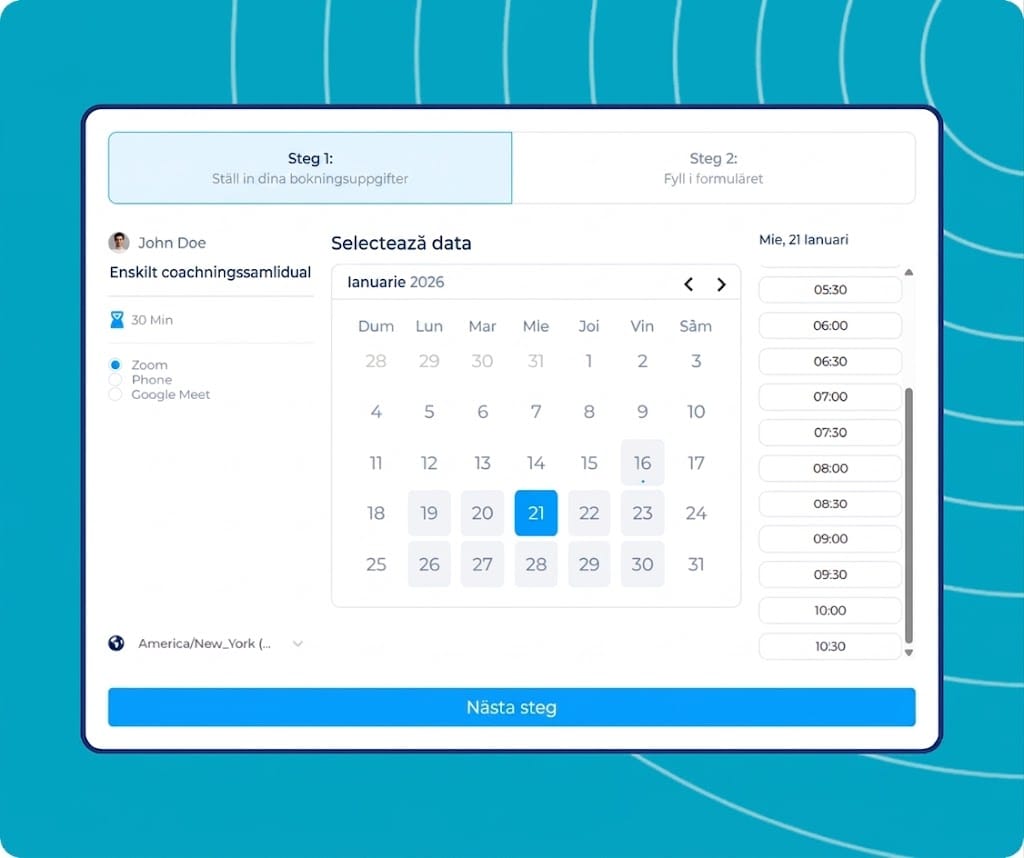 Online booking and appointment scheduling interface in systeme.io showing a calendar, time slot selection, and coaching session details.