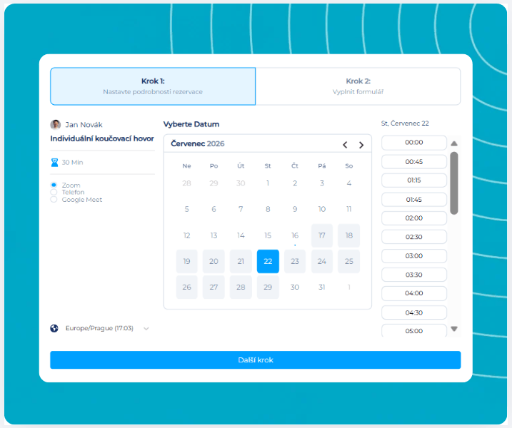Online booking and appointment scheduling interface in systeme.io showing a calendar, time slot selection, and coaching session details.