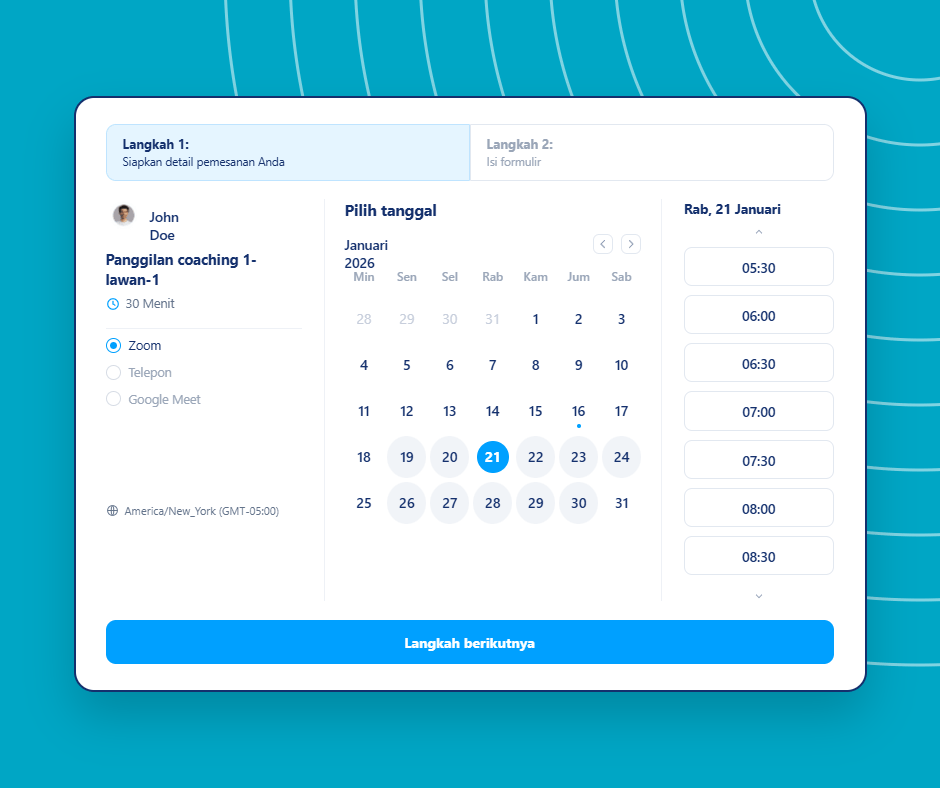 Online booking and appointment scheduling interface in systeme.io showing a calendar, time slot selection, and coaching session details.