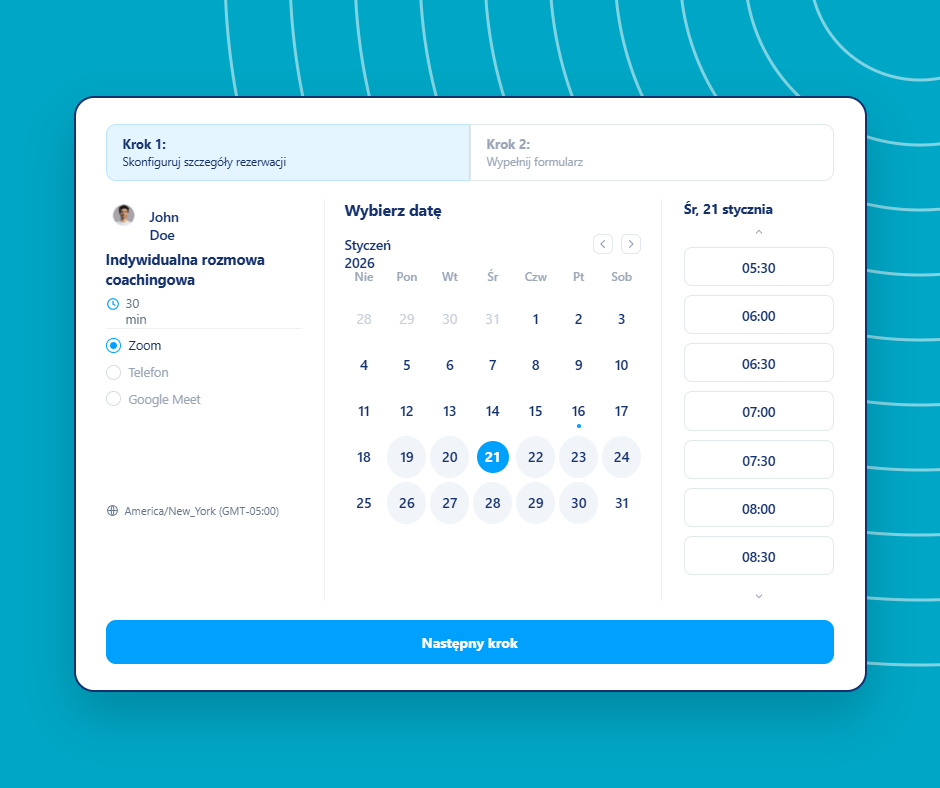 Online booking and appointment scheduling interface in systeme.io showing a calendar, time slot selection, and coaching session details.