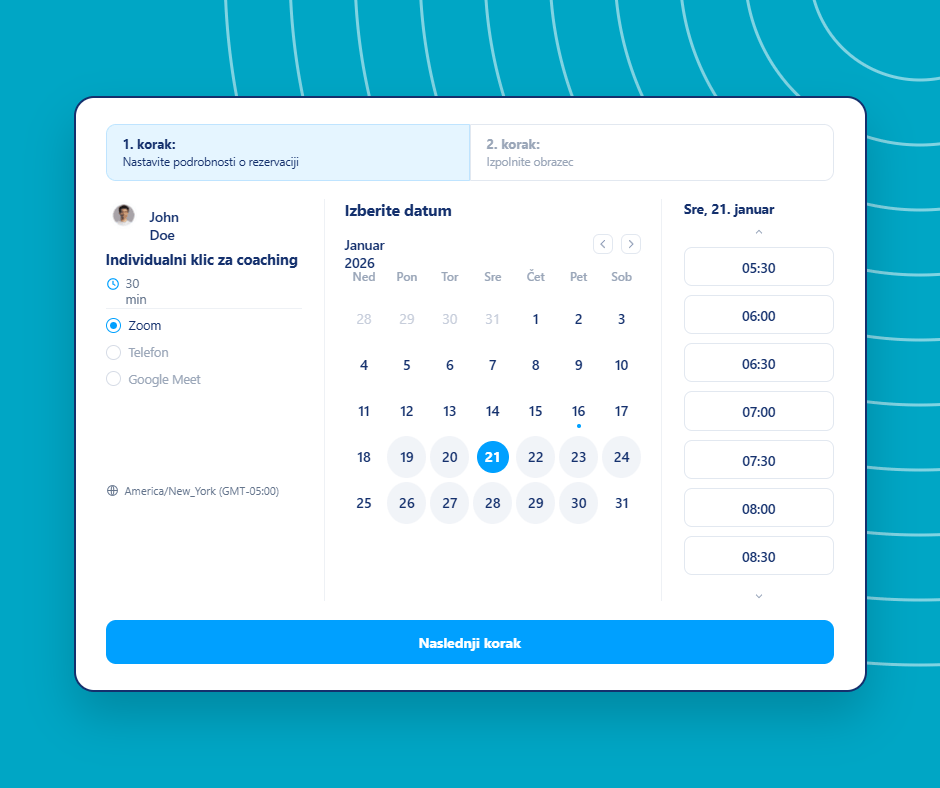 Online booking and appointment scheduling interface in systeme.io showing a calendar, time slot selection, and coaching session details.