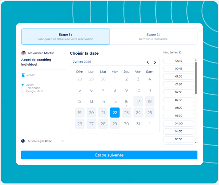 Online booking and appointment scheduling interface in systeme.io showing a calendar, time slot selection, and coaching session details.