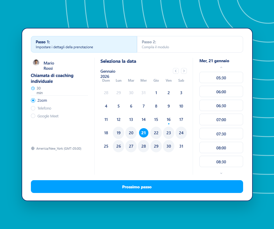 Online booking and appointment scheduling interface in systeme.io showing a calendar, time slot selection, and coaching session details.