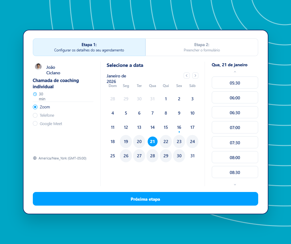 Online booking and appointment scheduling interface in systeme.io showing a calendar, time slot selection, and coaching session details.