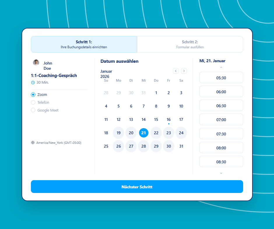Online booking and appointment scheduling interface in systeme.io showing a calendar, time slot selection, and coaching session details.
