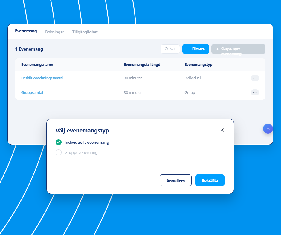 Event management and booking setup interface in systeme.io showing event types, durations, and option to create individual or group events.
