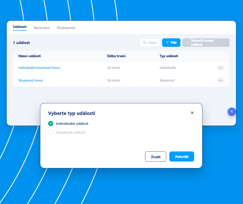 Event management and booking setup interface in systeme.io showing event types, durations, and option to create individual or group events.