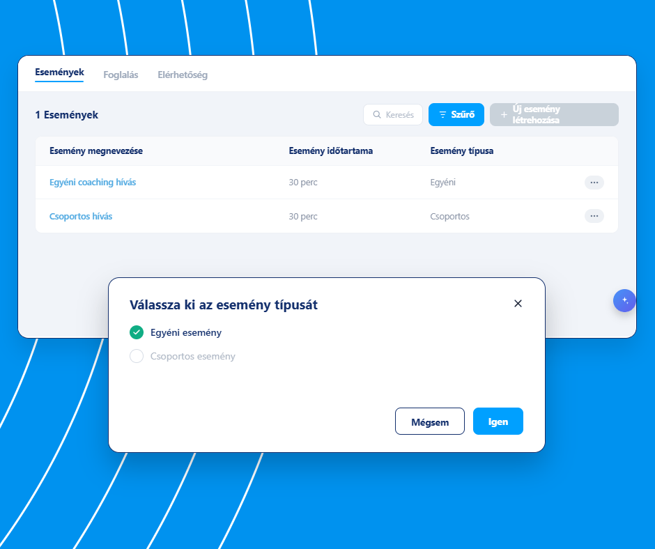 Event management and booking setup interface in systeme.io showing event types, durations, and option to create individual or group events.