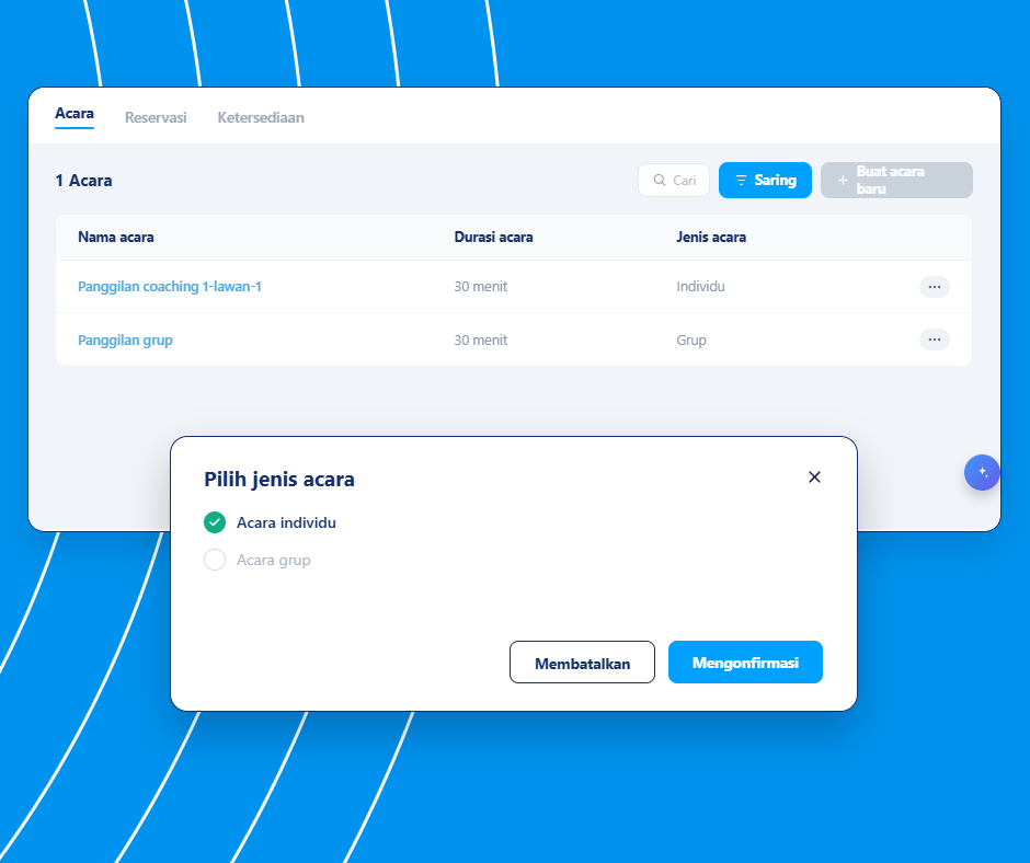 Event management and booking setup interface in systeme.io showing event types, durations, and option to create individual or group events.
