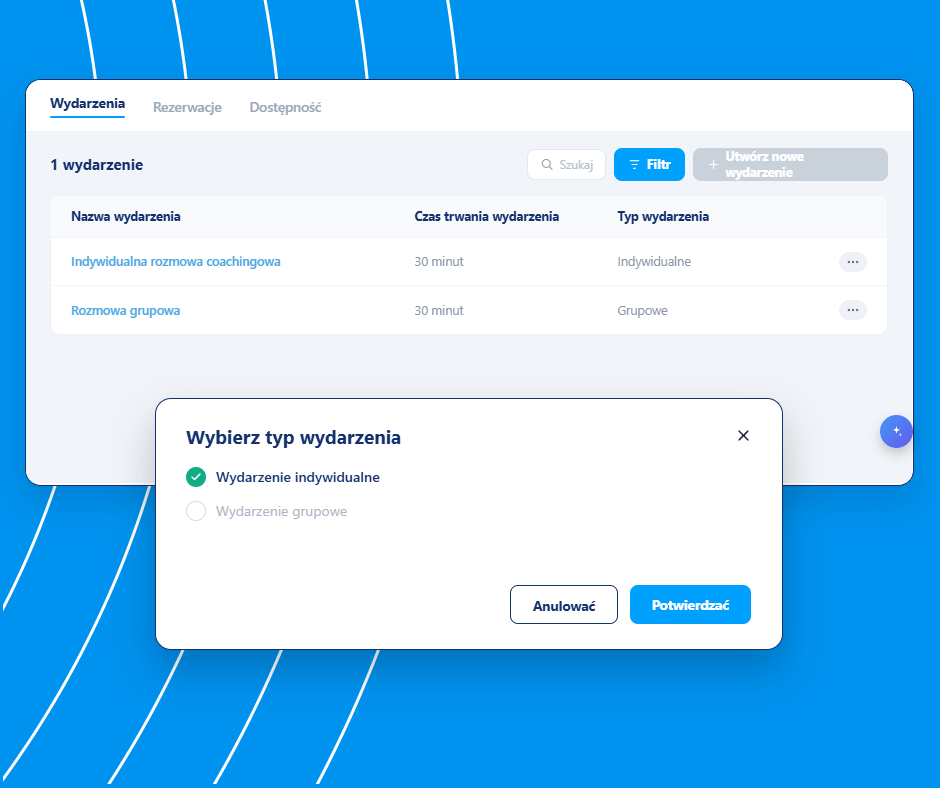 Event management and booking setup interface in systeme.io showing event types, durations, and option to create individual or group events.