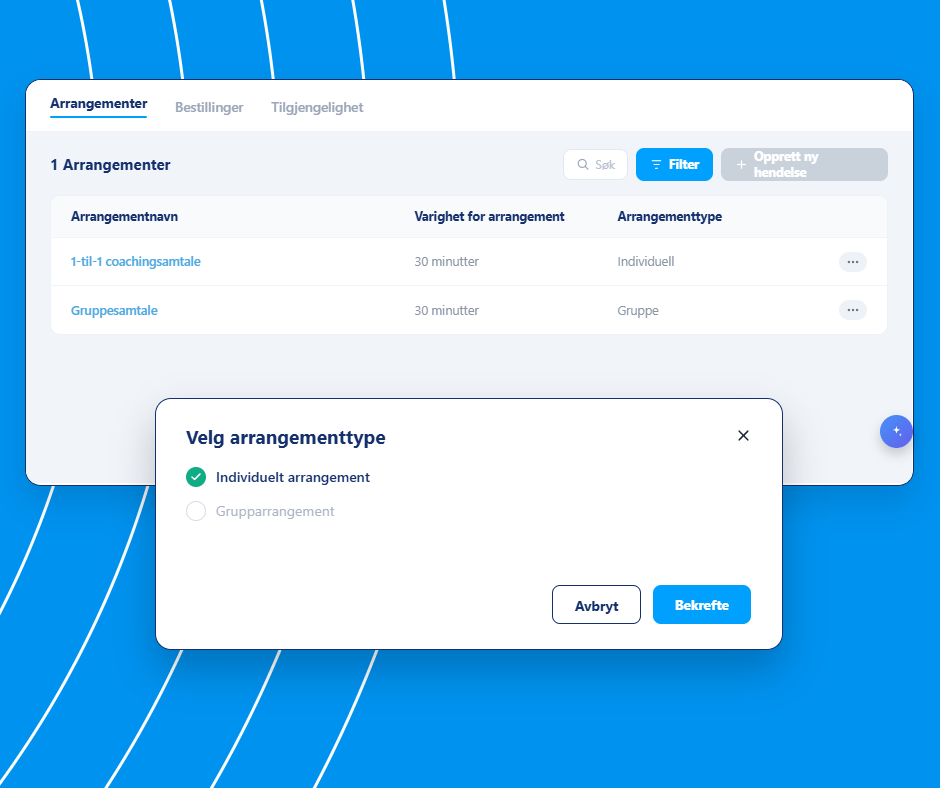 Event management and booking setup interface in systeme.io showing event types, durations, and option to create individual or group events.