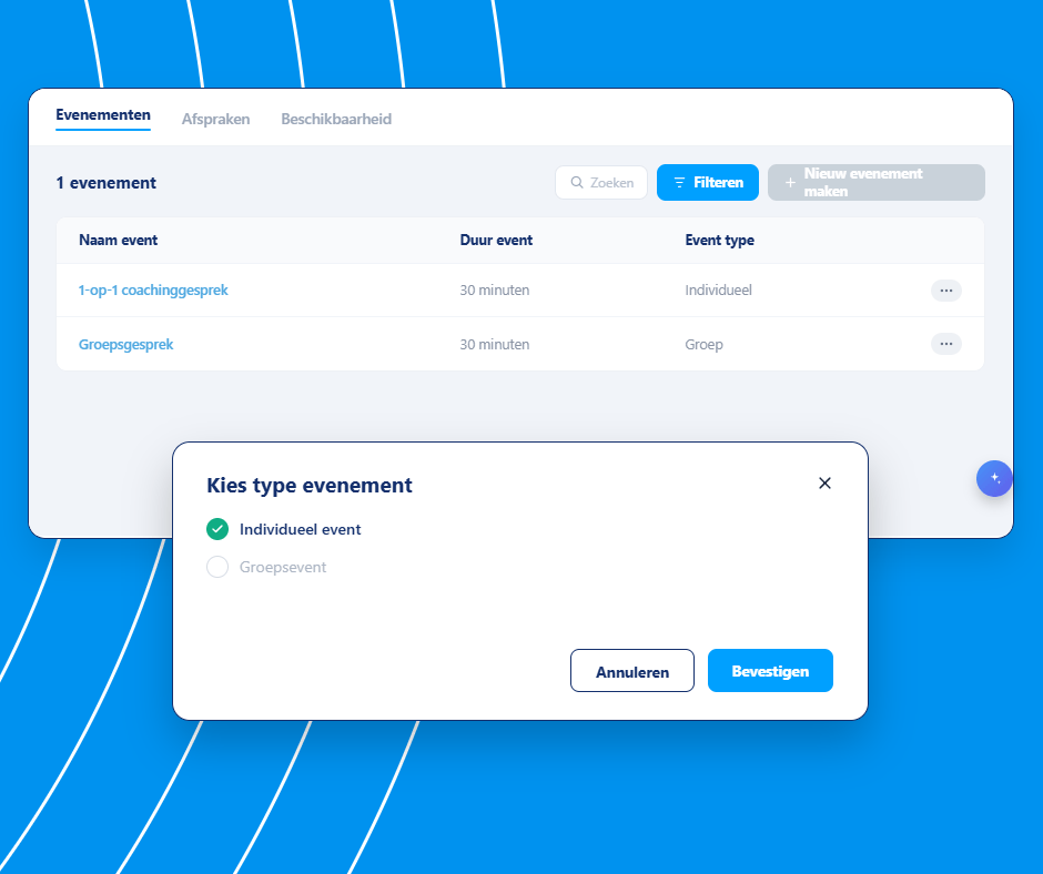 Event management and booking setup interface in systeme.io showing event types, durations, and option to create individual or group events.