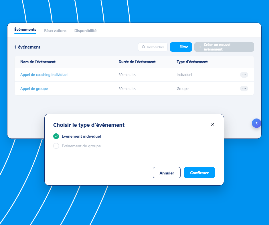 Event management and booking setup interface in systeme.io showing event types, durations, and option to create individual or group events.