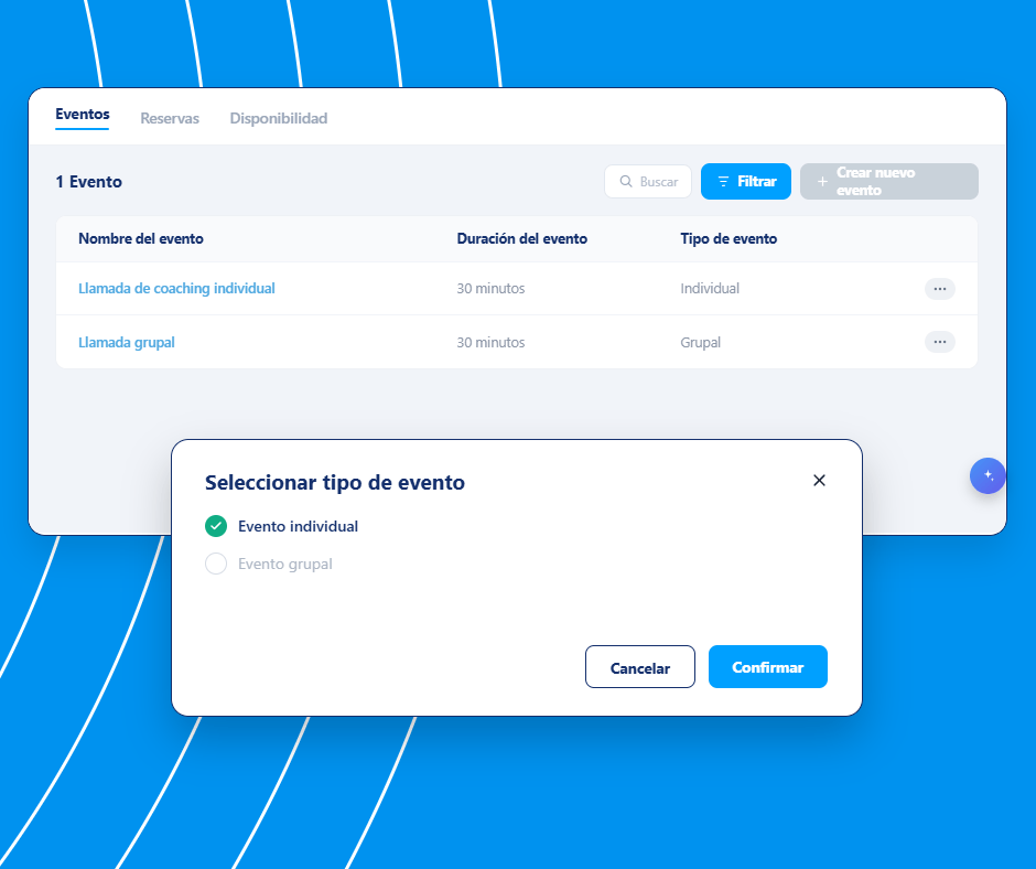 Event management and booking setup interface in systeme.io showing event types, durations, and option to create individual or group events.