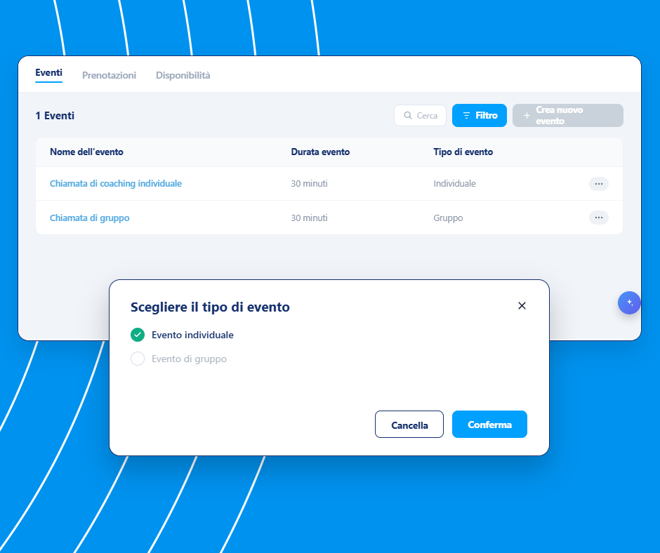 Event management and booking setup interface in systeme.io showing event types, durations, and option to create individual or group events.