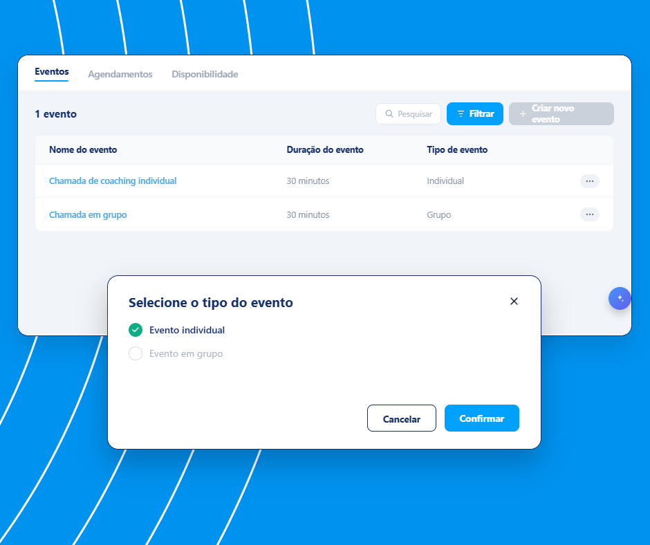 Event management and booking setup interface in systeme.io showing event types, durations, and option to create individual or group events.
