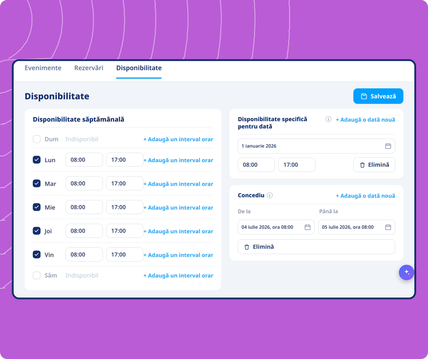 Availability scheduling interface in systeme.io showing weekly hours, date-specific availability, and time-off settings for bookings.