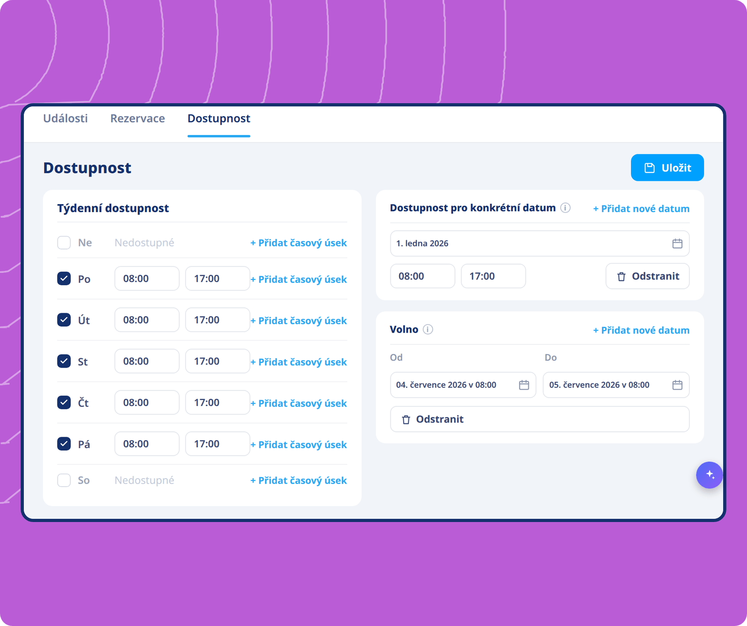 Availability scheduling interface in systeme.io showing weekly hours, date-specific availability, and time-off settings for bookings.