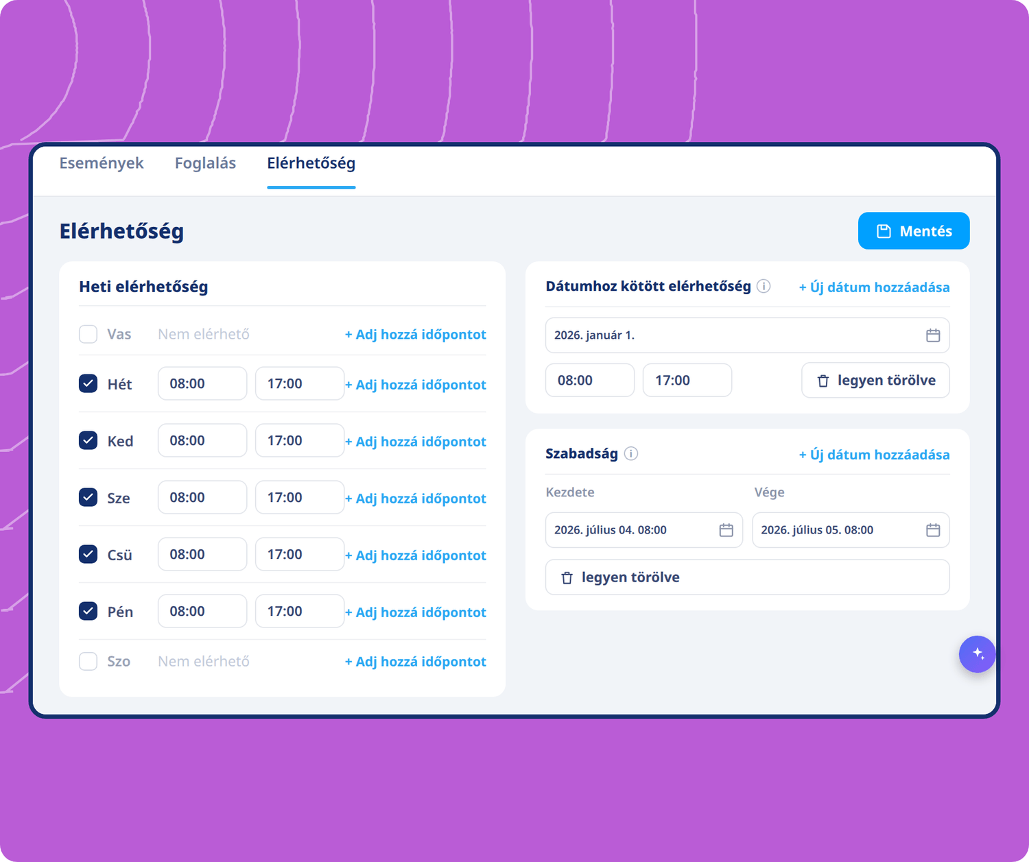 Availability scheduling interface in systeme.io showing weekly hours, date-specific availability, and time-off settings for bookings.