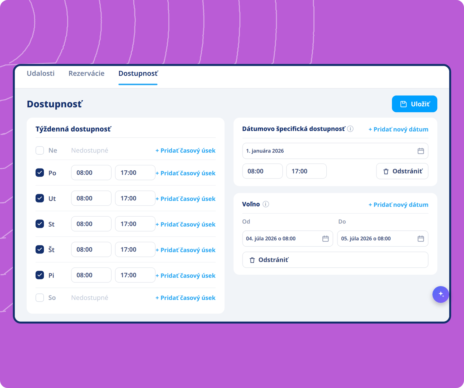 Availability scheduling interface in systeme.io showing weekly hours, date-specific availability, and time-off settings for bookings.