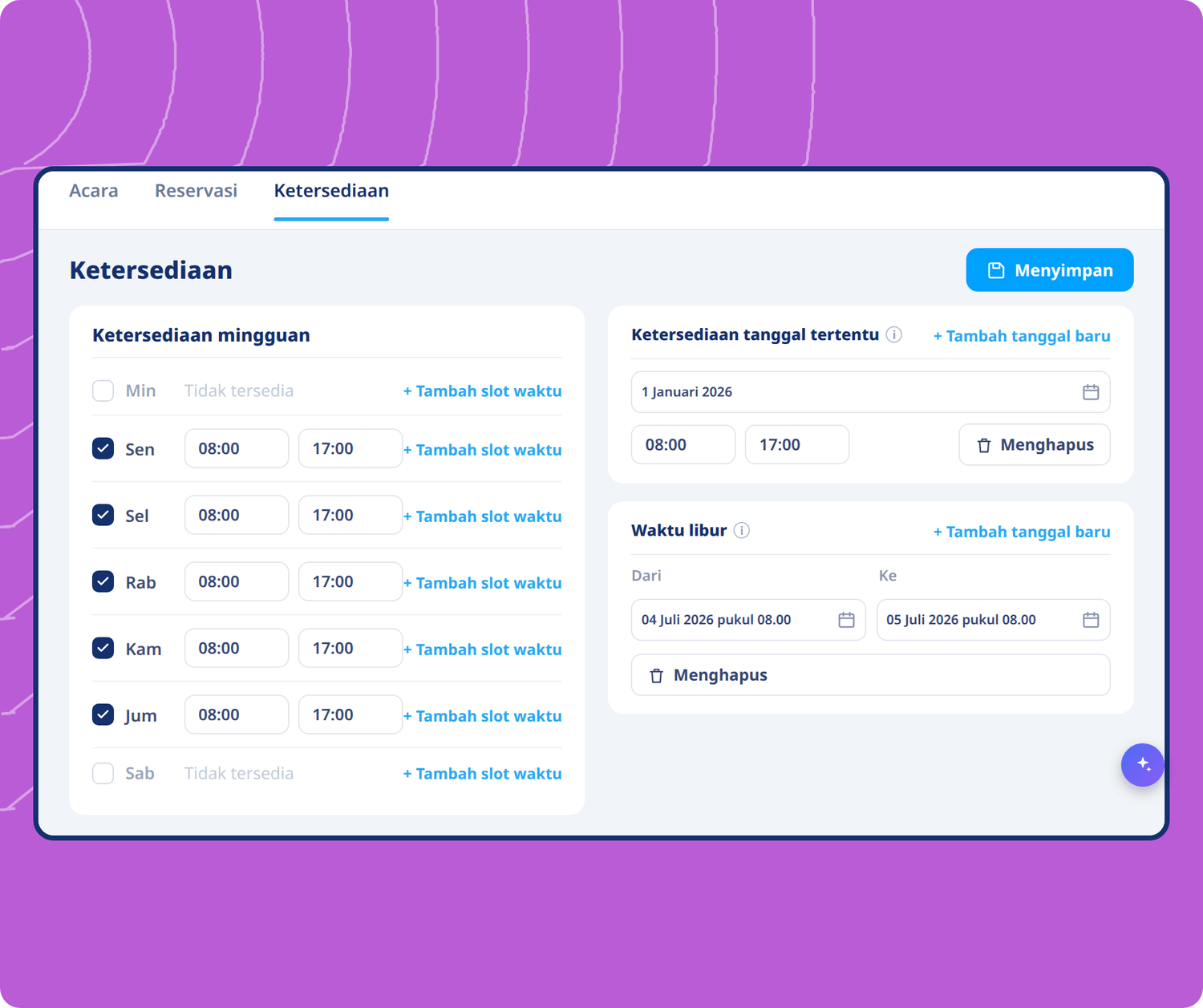 Availability scheduling interface in systeme.io showing weekly hours, date-specific availability, and time-off settings for bookings.