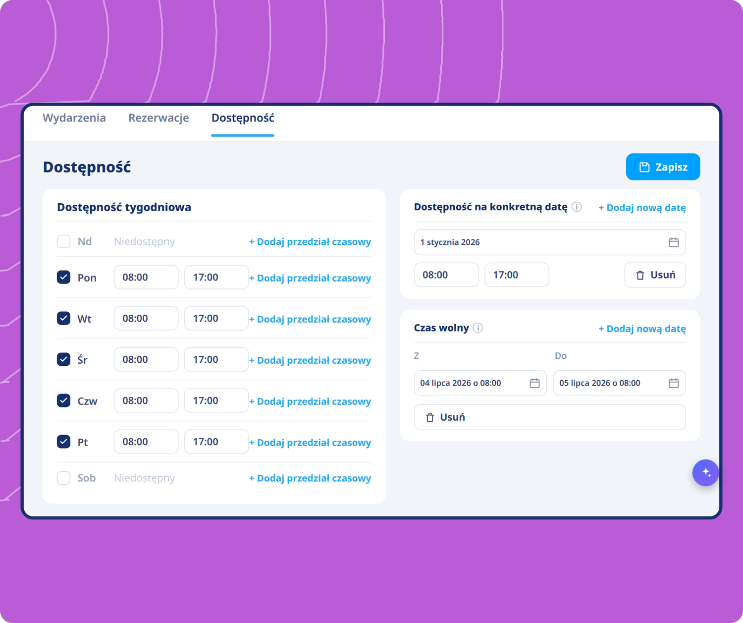 Availability scheduling interface in systeme.io showing weekly hours, date-specific availability, and time-off settings for bookings.